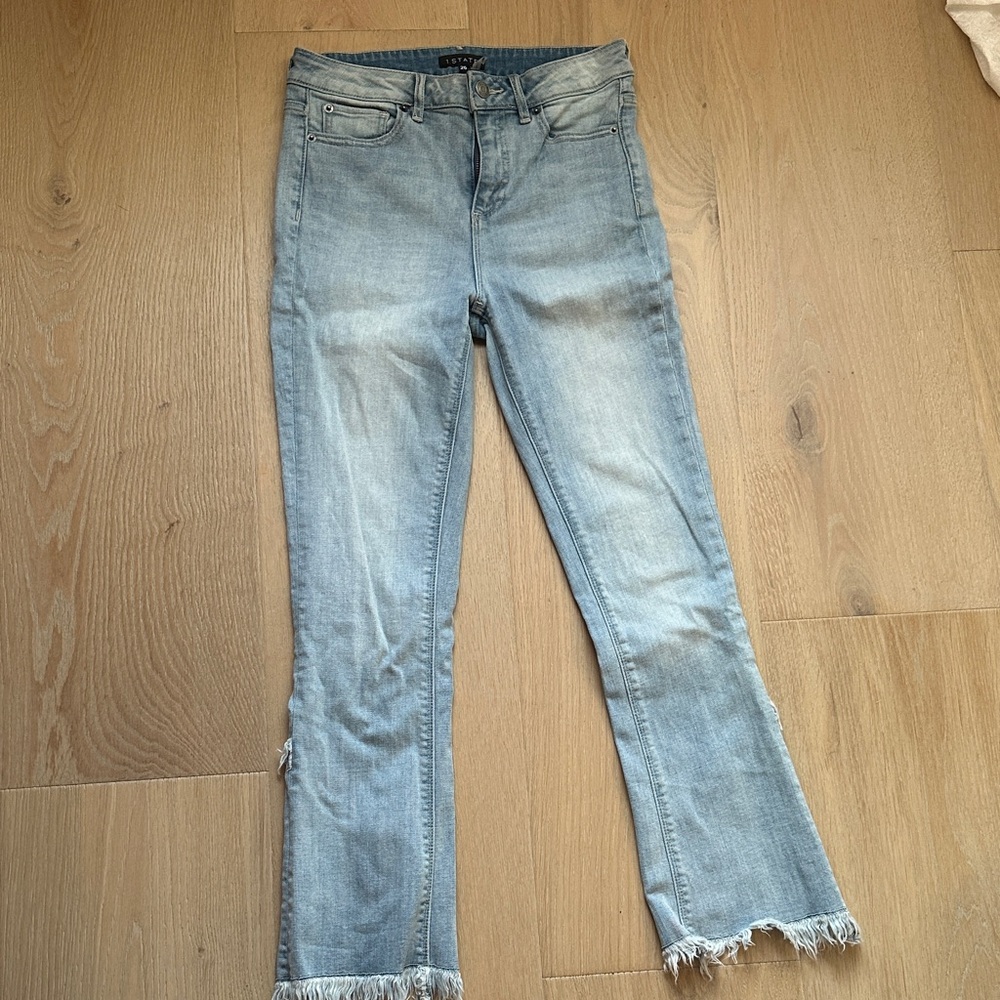 1. State Light Blue Flare Jeans with Frayed Hem